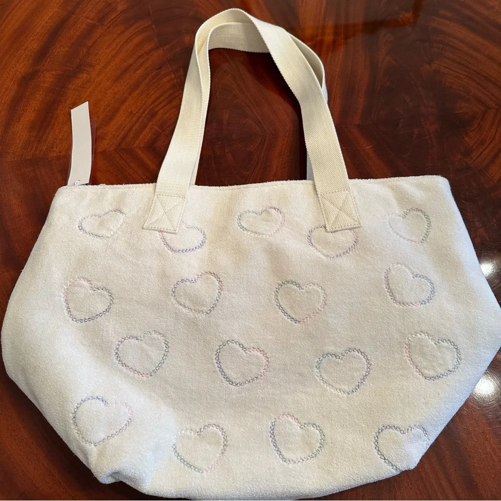 NWT Stoney Clover Lane Hearts Embroidered Terry Zip Top Tote Seashell